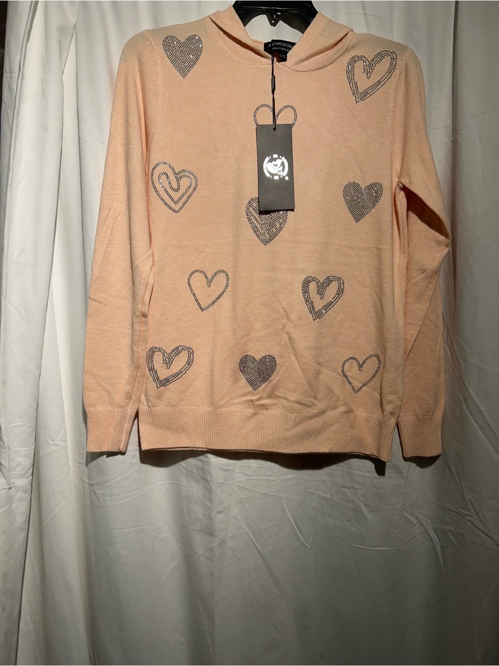 NWT S Christina 100% Cashmere Rhinestone Heart Hoodie Sweater L/XL